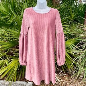 Vintage Mauve Pink Stretch Velvet Dress Size M Bishop Sleeves Victorian Romantic